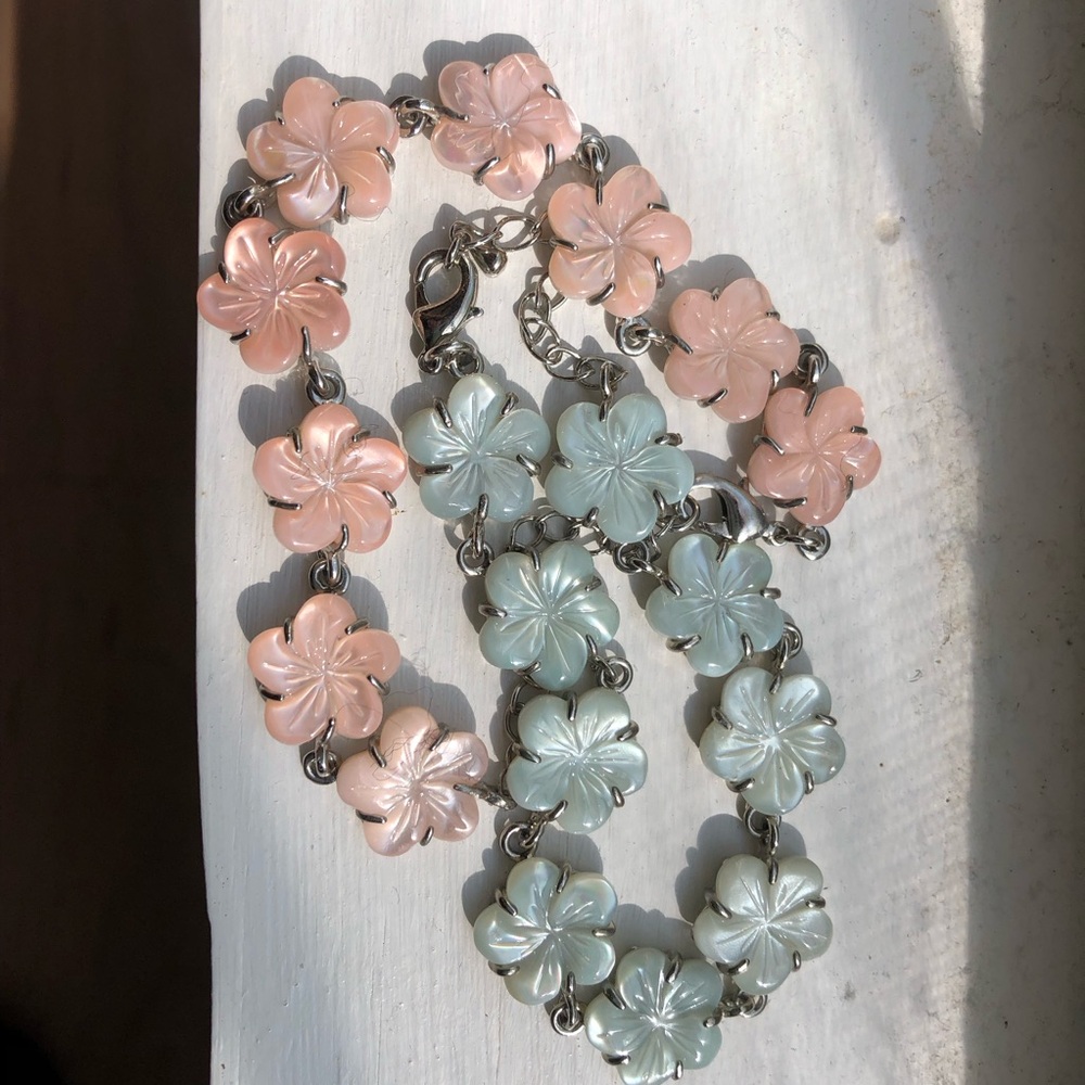 Del Sol anklet bracelets 2 bundle floral beads pink blue links silver tone links - Picture 2 of 5